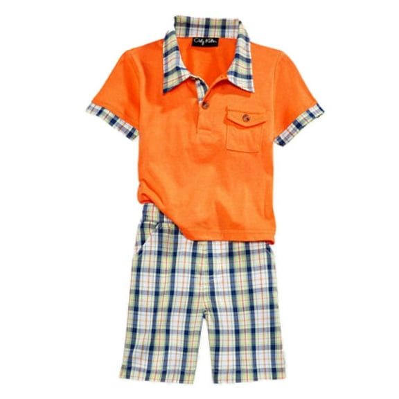 Only Kids Infant Boys 2 Piece Orange Polo T-Shirt & Plaid Shorts 24m