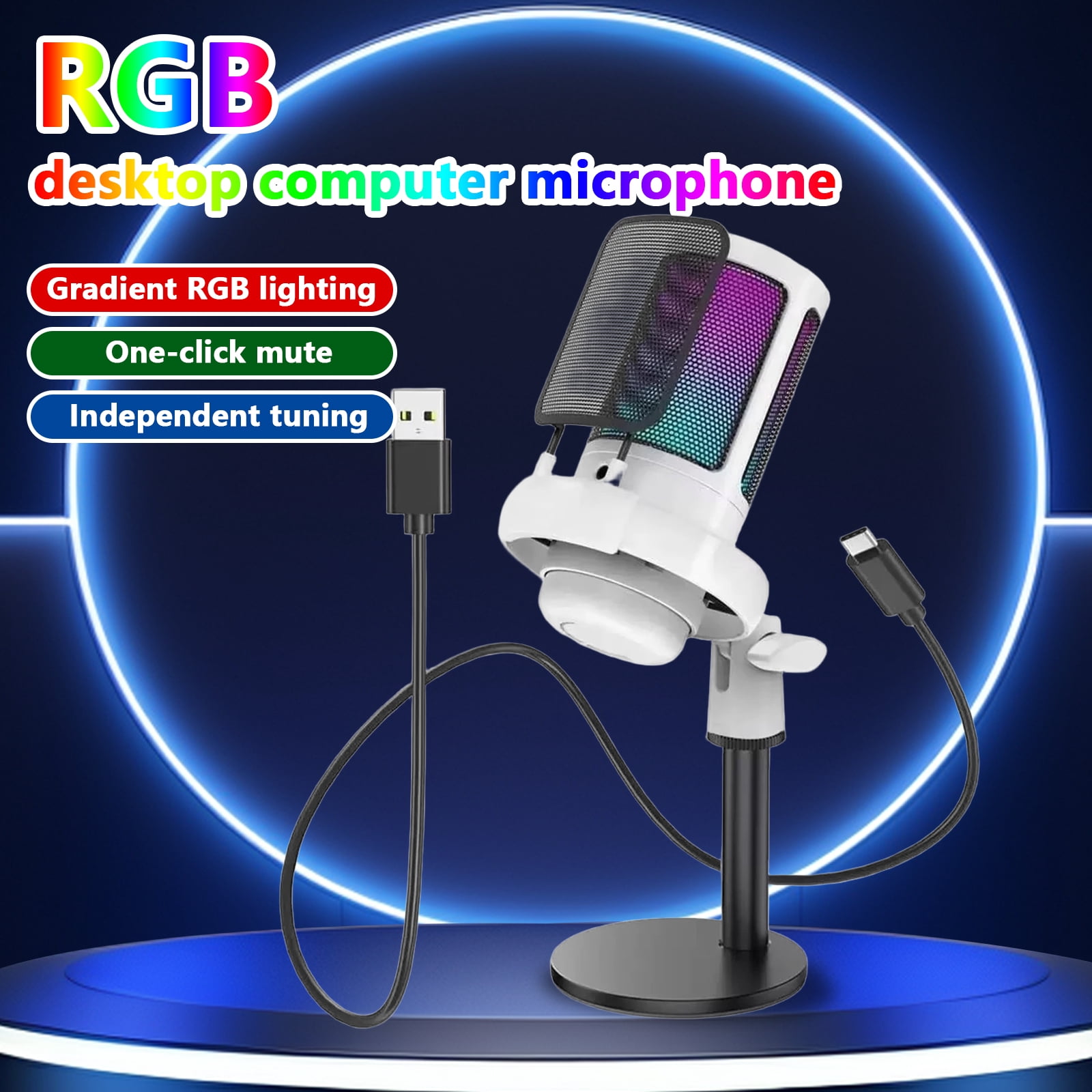 Gaming Microphone,USB Computer Microphone for PC,Laptop,Condenser Mic RGB,Stand Mic,Cardioid Mic with Quick Mute and Headphone Jack,Recording,YouTube,Game Monitoring,Live Streaming,Podcast & Singing