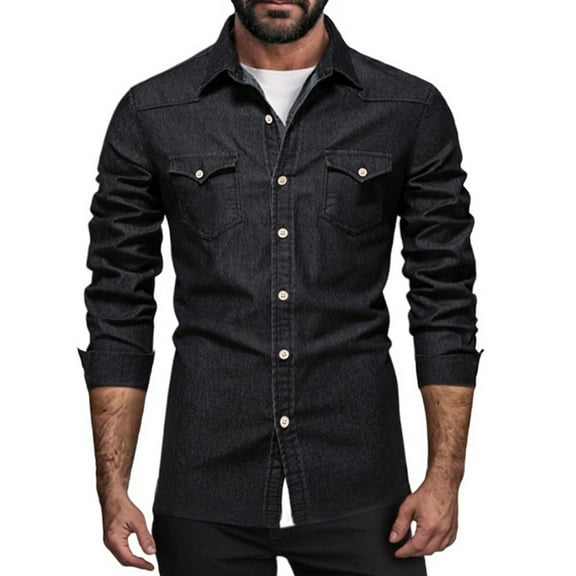 WTOBBY Men's Solid Color Long Sleeve Shirt Lapel Collar Casual Fashion Summer jean Look Button Front Lightweight Breathable Daily Wear Office Top,Black L