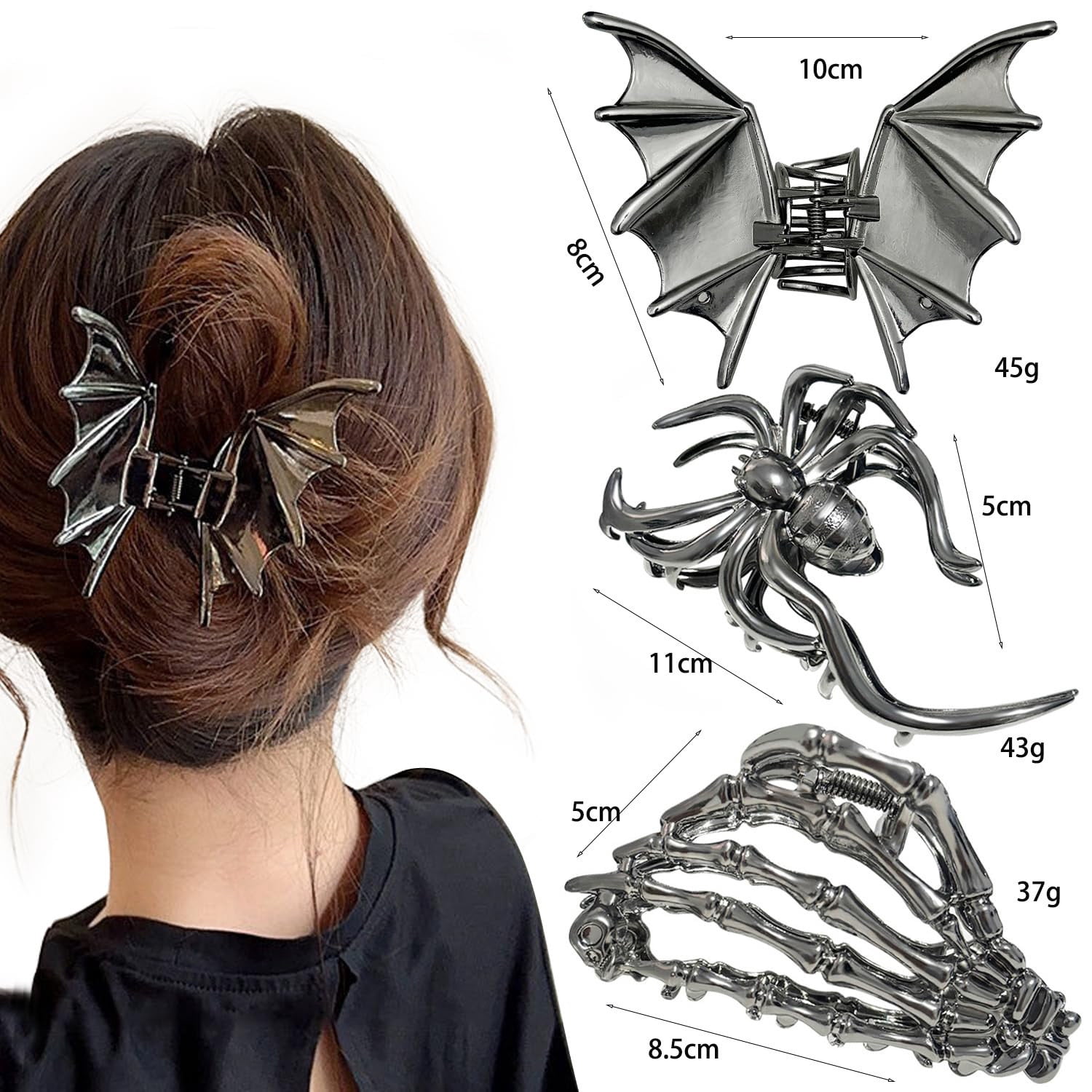 3PCS Black Spider Web Skeleton Hand Skull Hair Claw Clips for Women And Girls ?40% OFF!!!?3PCS Halloween Hair Clips and 1 Pair Skull  main image 3
