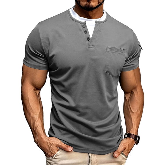 Kakii Men's Layered Look Henley T-Shirt, Double Collar Short Sleeve Top with Half Button Placket & Chest Pocket