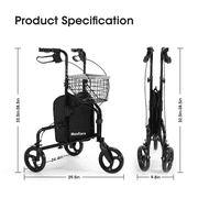 MaxKare 3-Wheel Rolling Walker for Seniors Foldable Rollator Walker with Basket & Tray, 300Lbs Weight Capacity, Height Adjustable, Black