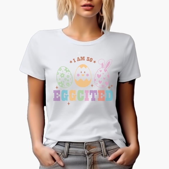 I Am So Eggcited, Easter Hunt Pun with Eggs Art Favor, Souvenir or Merch Gift, White T-Shirt, Small