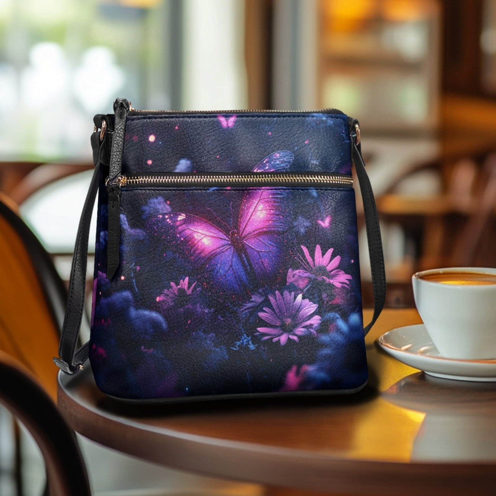 LedBack Butterfly Print Crossbody Bags for Women Leather Cross Body Purses Shoulder Bag Medium Size Satchel Purse Hobo Bag with Zipper Pocket, Purple