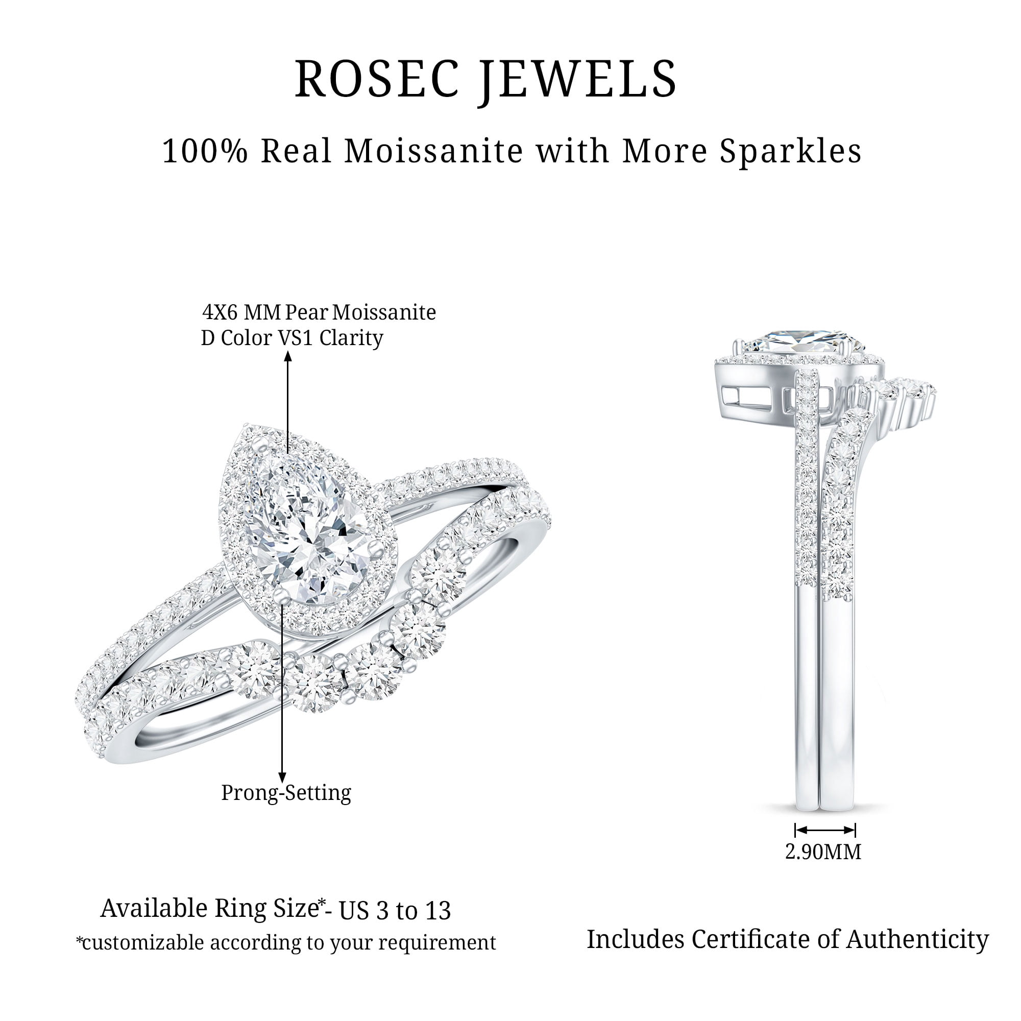 Rosec Jewels Moissanite Wedding Ring Set for Women - D-VS1 Quality Pear Shaped Engagement Ring with Curved Band, 14K White Gold, US 11.00