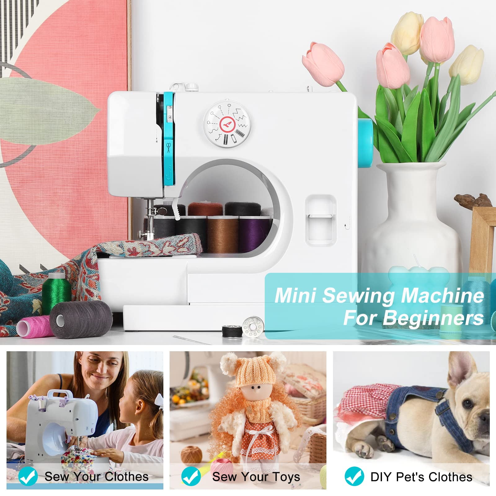 Mini Sewing Machine for Beginners, Electric Portable Small Sewing Machine with 12 Built-In Stitches Reverse Sewing Adjustable Speed LED Light Foot Pedal Heavy Duty Household Mending Stitching Machine