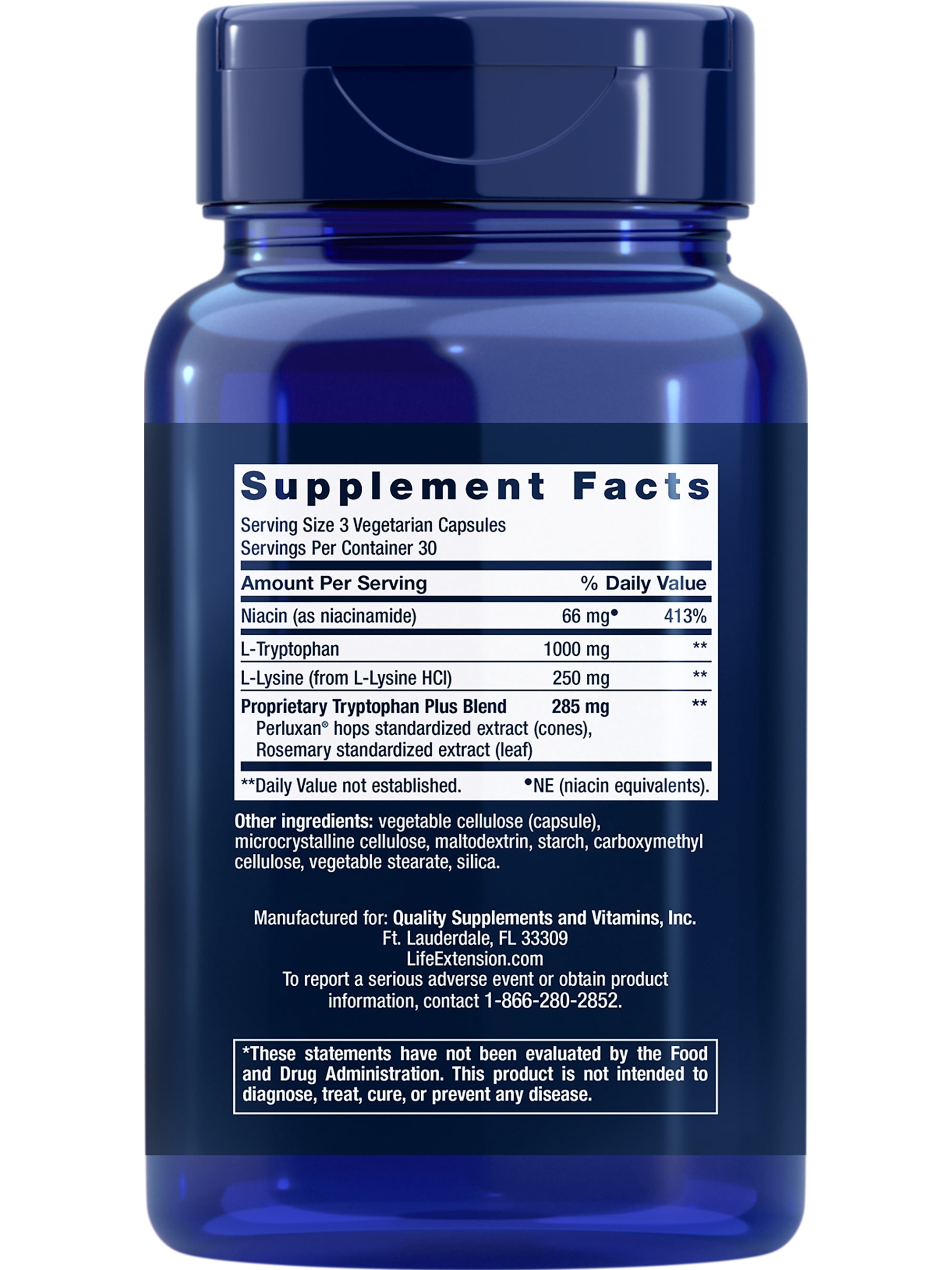 Life Extension Optimized Tryptophan Plus, niacin, L-lysine, L-tryptophan, support for healthy sleep, mood, stress response & satiety, gluten-free, non-GMO, vegetarian, 90 capsules