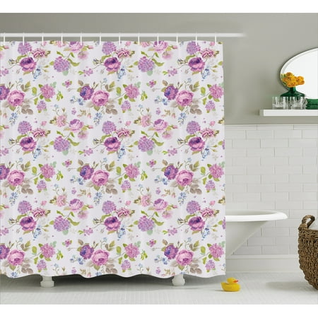 Shabby Chic Bathroom Decor Shabby Chic Decor Shower Curtain, English Roses Violets Gardening Plants Inflorescence Twigs Spring Buds, Fabric Bathroom Set with Hooks, 69W X 84L Inches Extra Long, Multicolor, by Ambesonne ()