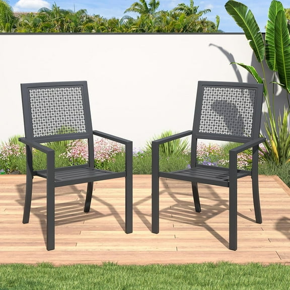 AECOJOY Outdoor Metal Dining Chairs, 2 Pieces Outdoor Patio Dining Chair with Armrest, Stackable Arm Chairs with Heavy-Duty E-Coating Metal Frame for Balcony, Garden, Set of 2