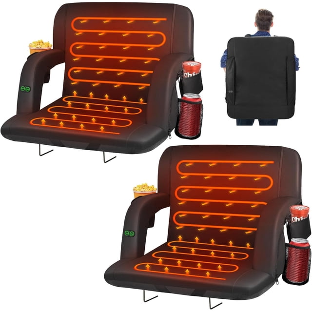 GloryStar Extra Wide Heated Stadium Seat, 25" Portable Bleacher Chair Includes 3-Level Heating, Massage Function, Six Adjustable Recline Positions, Convenient Cup Holder, and Anti-Slip Base