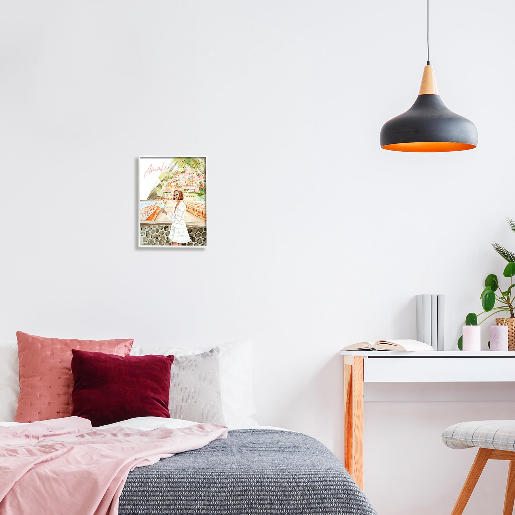 Stupell Industries Girl at Amalfi Coast Nature Painting White Framed Art Print Wall Art, 11 x 14