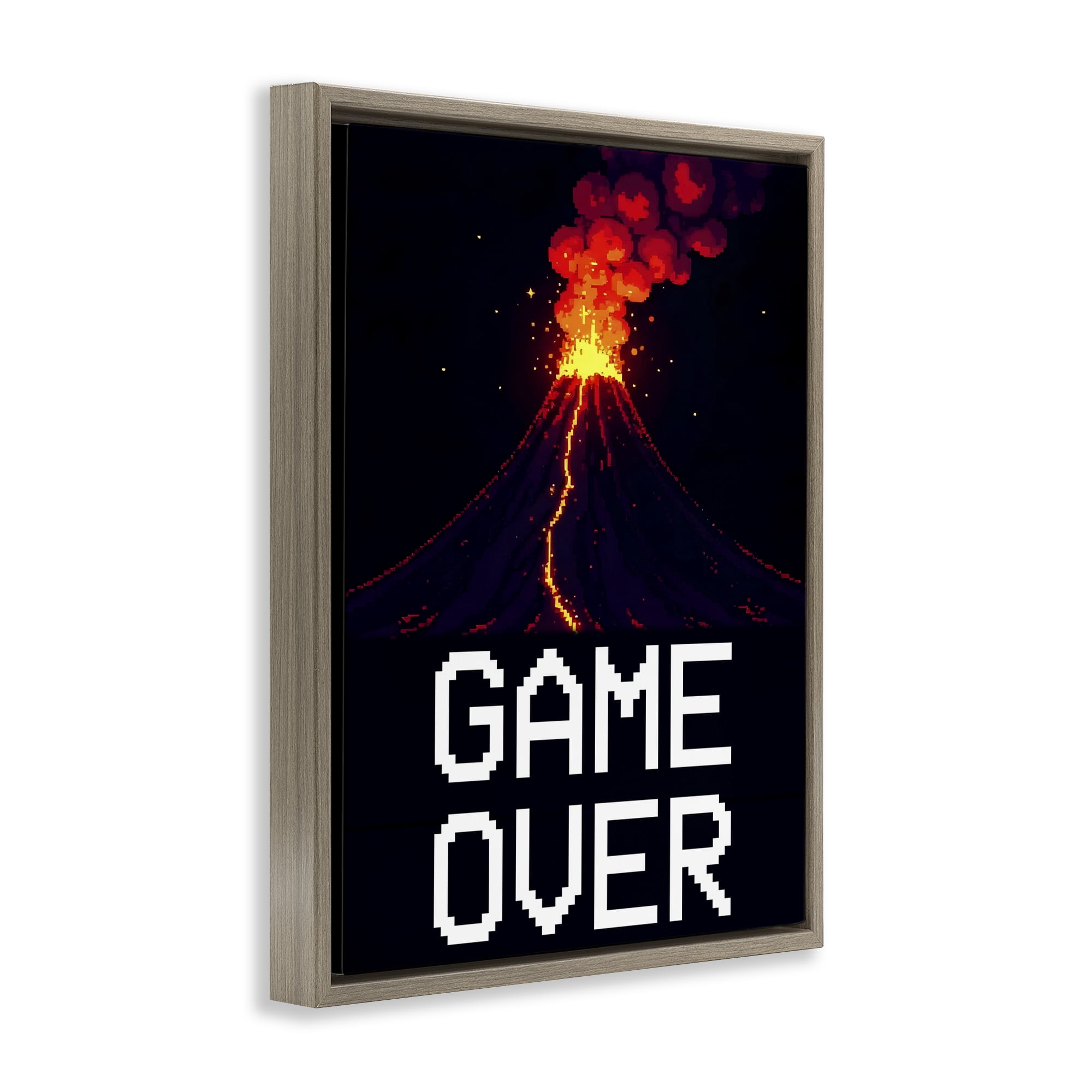 Pixel Volcano Game Over Brown Framed Floater Canvas Wall Art, design by Kim Allen