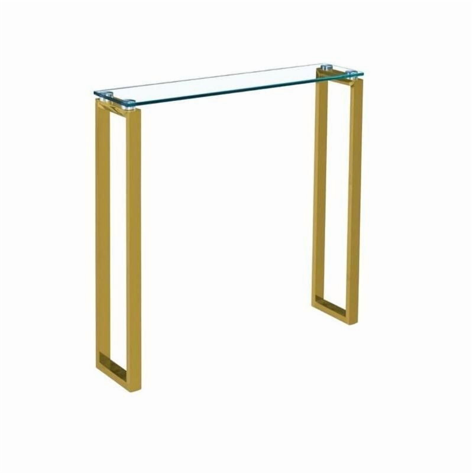 Table console Gyna de taille moyenne 8x36 avec plateau en verre et pieds dorés brillants pour entrée, couloir ou espaces de vie