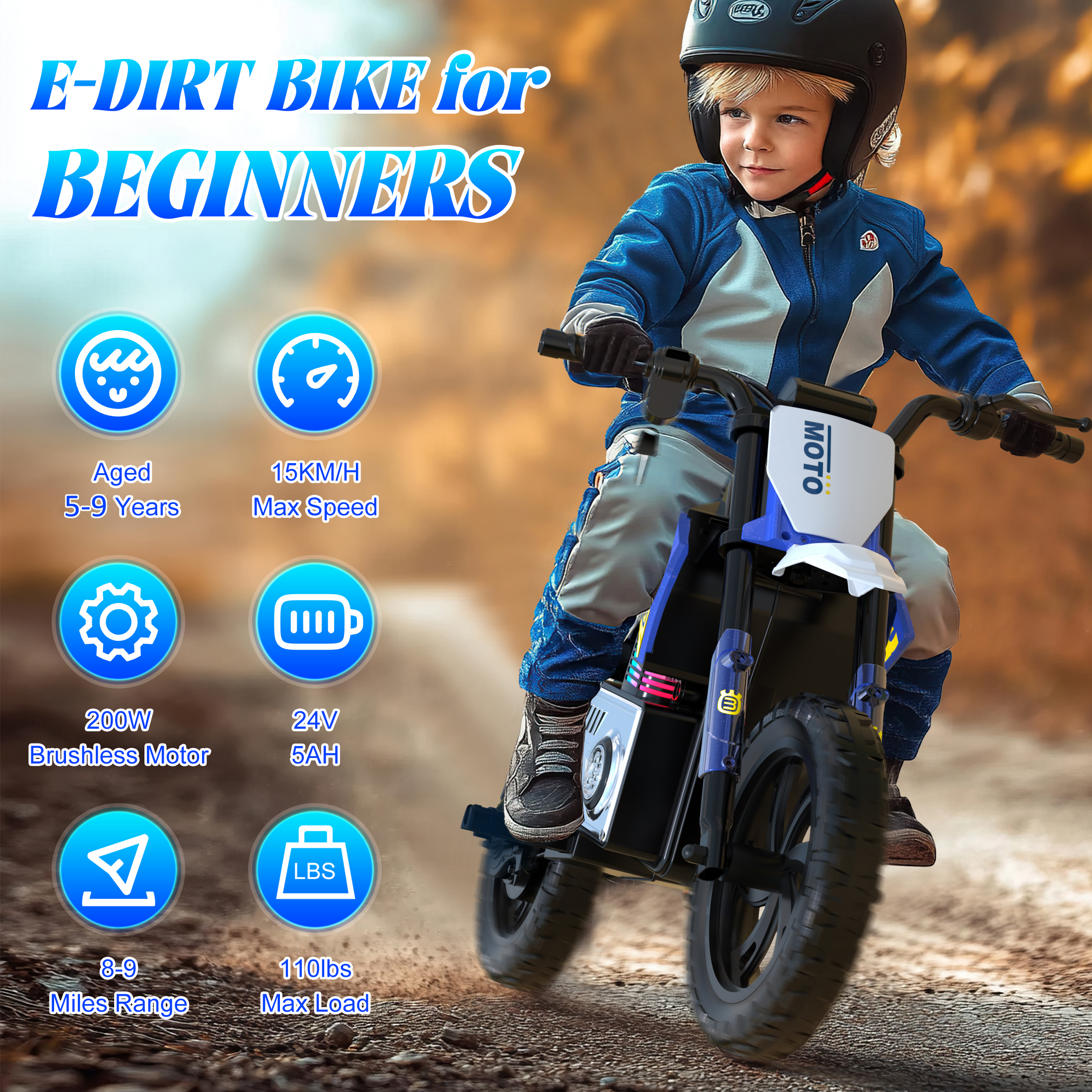 Skyhot 24V Electric Dirt Bike for Kids, 15km/h Electric Motorcycle Beginners Friendly, Power Display, Brushless Electric Machine, Rear Spring Suspension, 2-Speed Modes for Kids Ages 3-8, Blue