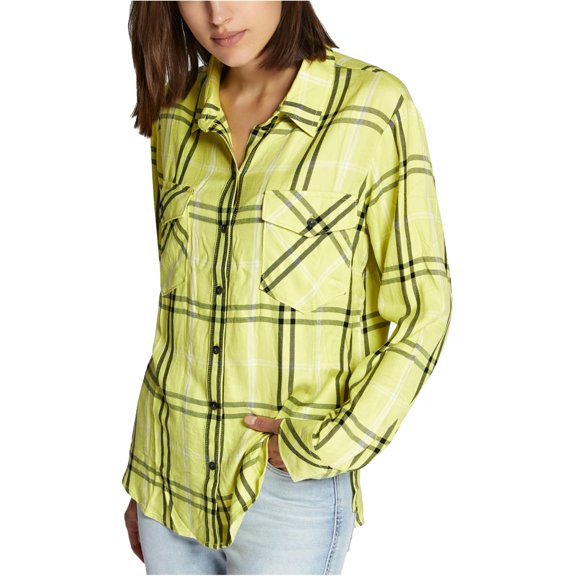 Sanctuary Clothing Womens Plaid Button Up Shirt, Yellow, Large
