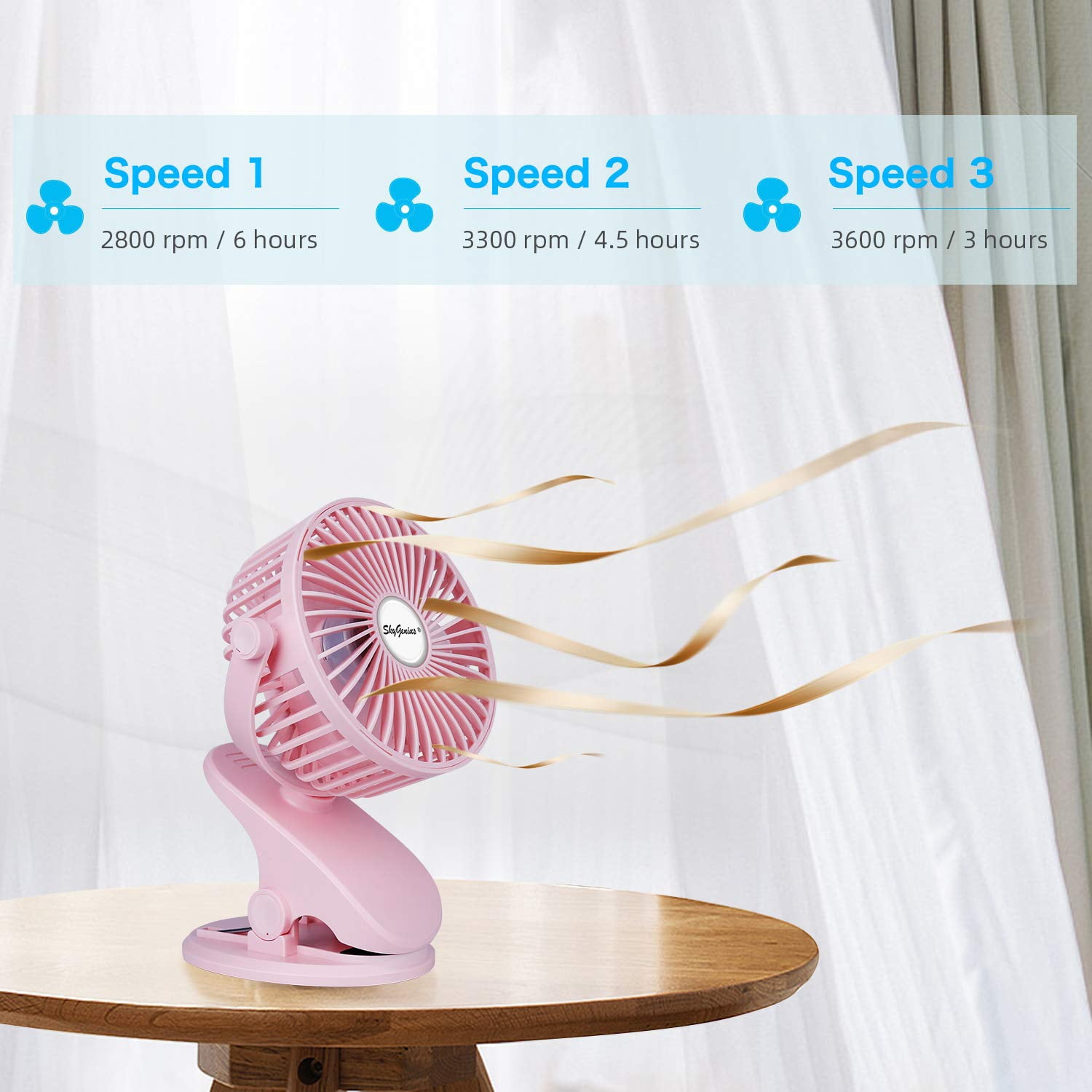 Skygenius 3-Speed Battery Operated Clip-on Tabletop Fan