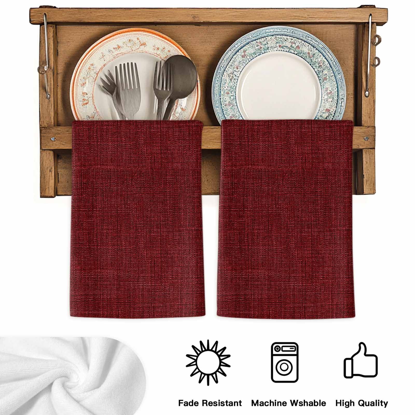 Dark Red Microfiber Kitchen Towel, Farmhouse Burlap Solid Red Color Modern Linen Texture Soft Absorbent Dish Towels, Quick Drying Washable Dishcloths for Kitchen Cleaning, Drying Dishes, 18x28 Inches