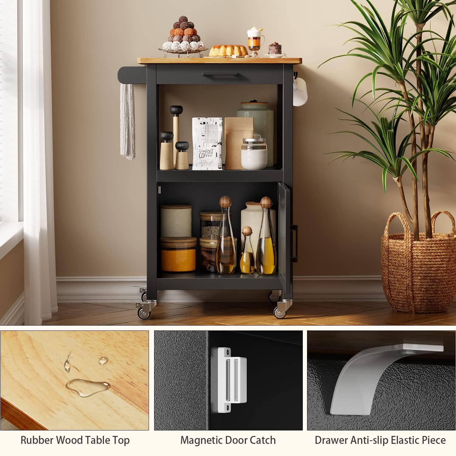 Aiho Rolling Kitchen Island Cart with Storage and Rubber Wood Countertop for kitchen, Black