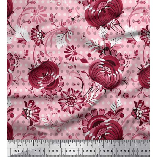 Soimoi Silk Fabric Dot & Floral Artistic Fabric Prints By Yard 42 Inch Wide