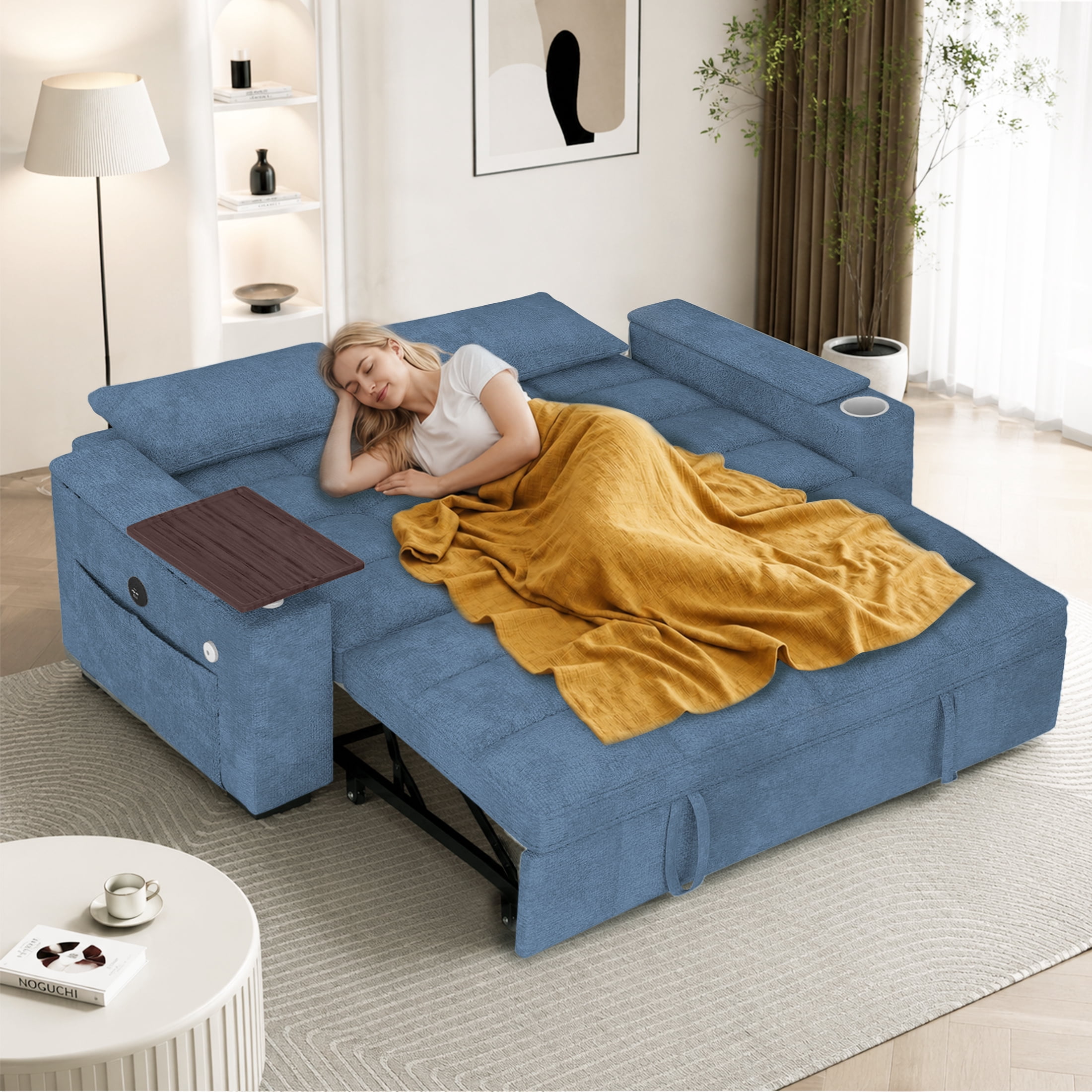 ShiKeyi 68.5'' 3-in-1 Velvet Convertible Sleeper Sofa, Pull Out Sofa Bed with Storage & Charging Port, Blue