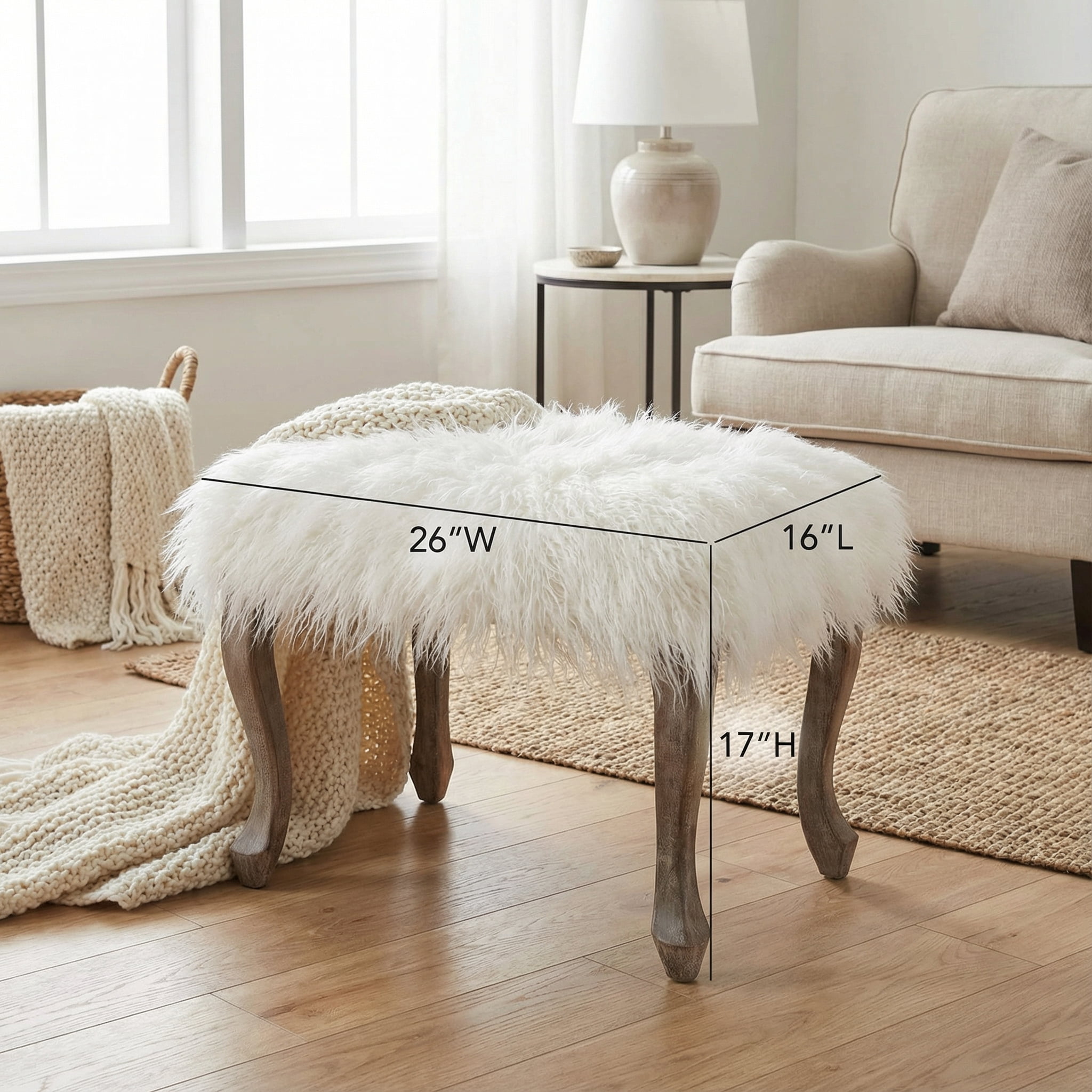 Cortesi Home Harlow Bench Ottoman, White Faux Fur with Driftwood Legs