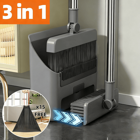 TiKenso 3-in-1 Foldable Broom and Dustpan Set (Gray) – PP Material for Easy Storage, Soft Bristle Cover, Ideal for Home, Office, Kitchen Sweeping & Cleaning