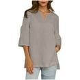 thumbnail image 3 of Fanxing Womens V Neck Linen Shirt 3/4 Sleeve Shirts Solid Color Comfy Tops Summer Casual Dressy Tunic Blouses Khaki,S, 3 of 8