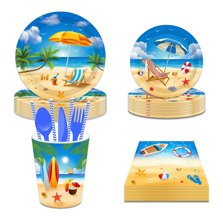 94 PCS Summer Beach Party Supplies - Beach Party Decorations Tableware  Include Plates Cups Napkins Cutlery Table Cloth Straws - Summer Beach Theme  Party Supplies for Kids Birthday 