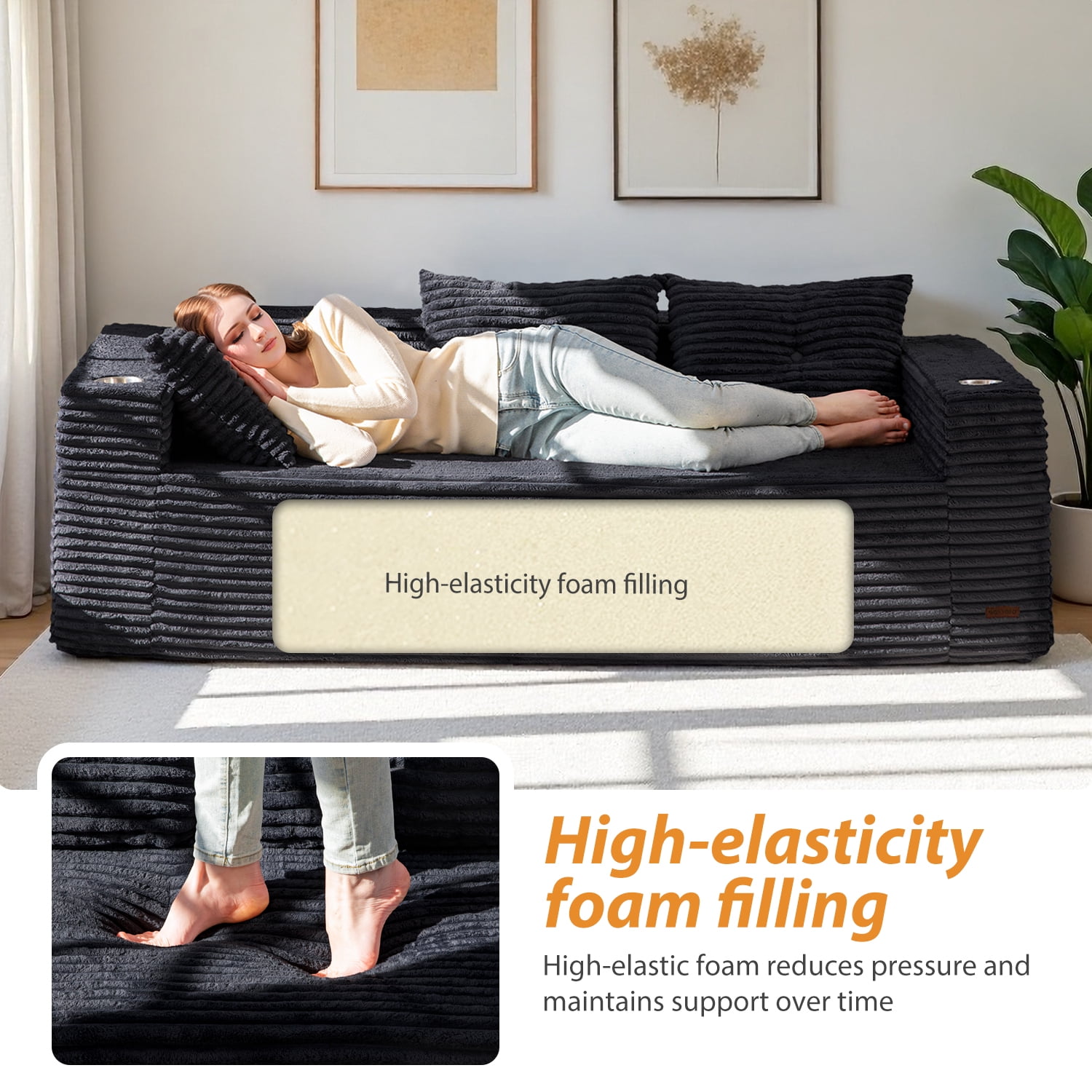 BYBYME 78.7" Corduroy Cloud Floor Sofa,Modular Comfy Small Cloud Couch for Small Spaces,Boneless Sofa for Living Room,No Assembly,3-Seater,Black