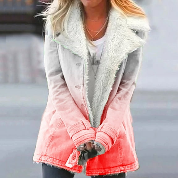 Usmixi Womens Winter Plush Jacket Womens Overcoat Fashion Gradient Print Button Down Lapel Fleece Jacket Warm Thickened Cozy Plush Lined Coat Outerwear Plush Jacket