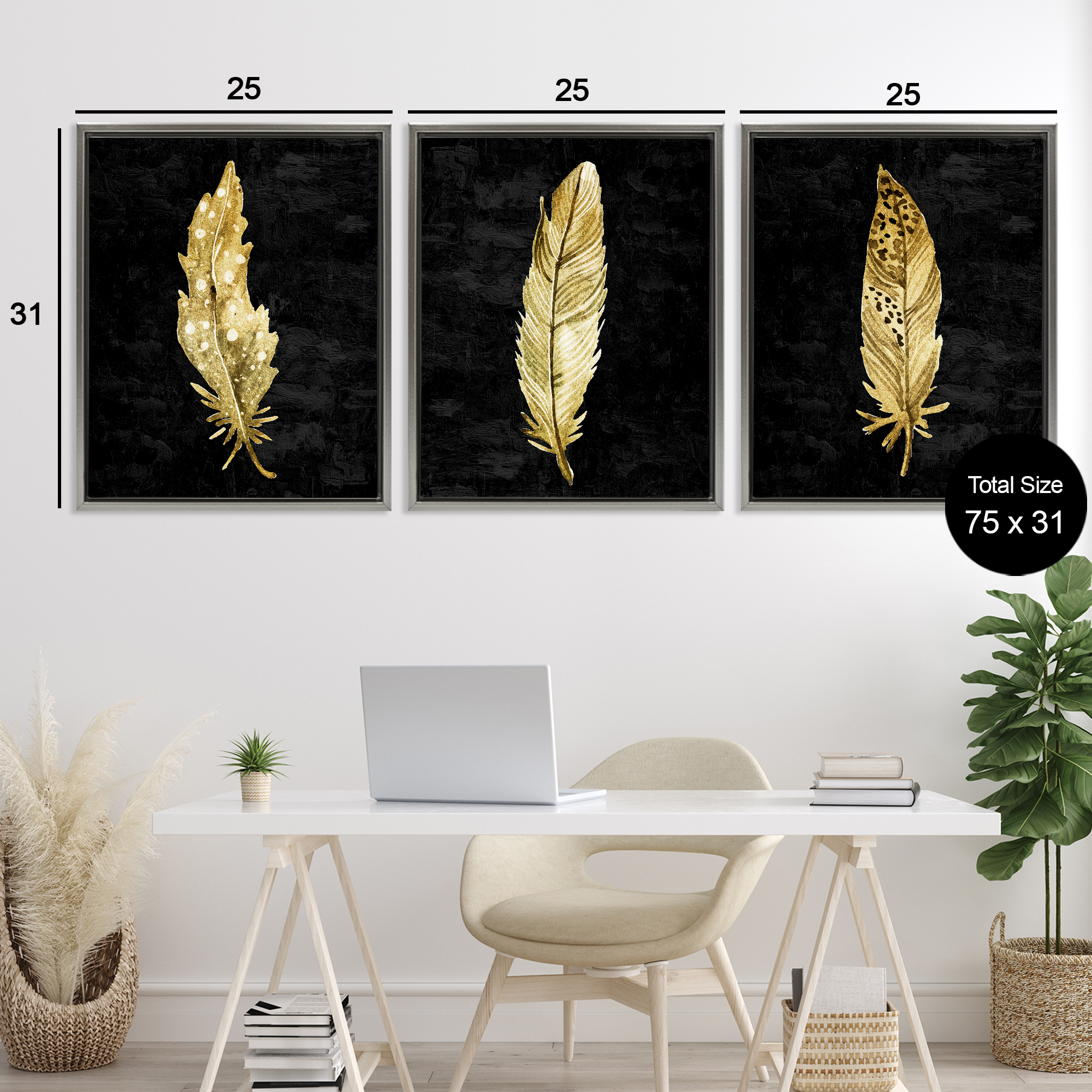 Black & Gold Feathers 3 Piece Gray Framed Floater Canvas Set, design by Kim Allen