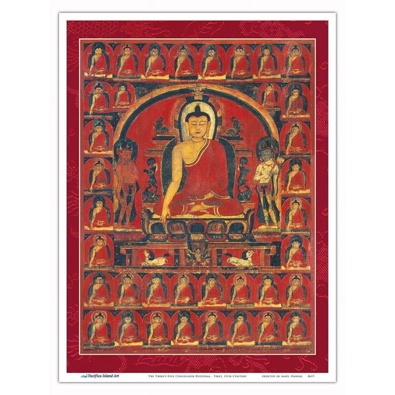 The Thirty-Five (35) Confession Buddhas - Buddha Shakyamuni - Vintage Tibetan Thangka Buddhist Painting - Tibet, 13th Century - Master Art Print (Unframed) 9in x 12in