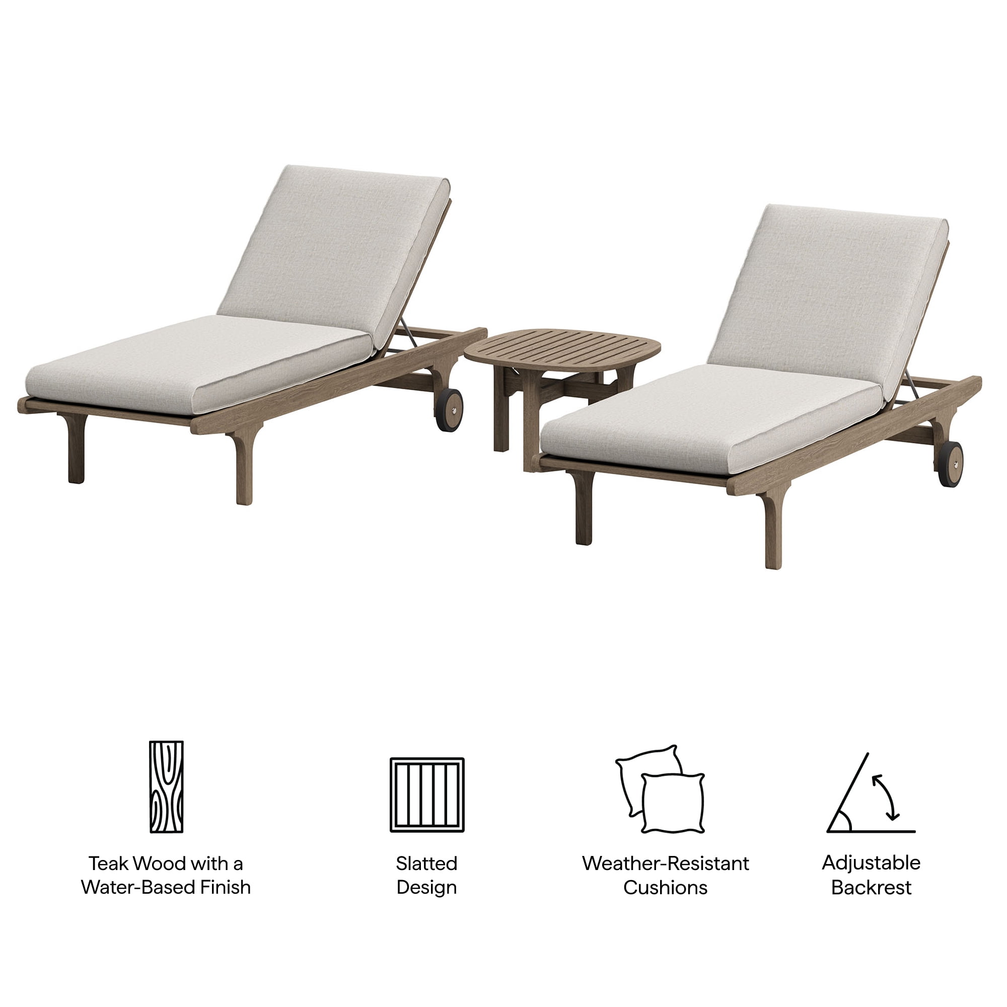 Saratoga Outdoor Teak Wood 3-Piece Chaise Lounge Furniture Set in Weathered Gray Pebble