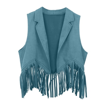 Fshinging Girls Casual T Shirts Fashion Tops Boys Western Cowboy Cow Girl Out Open Front Fringe Vest Party Dress Up Tassel Fringe Waist Coat Casual Crewneck Basic Tees