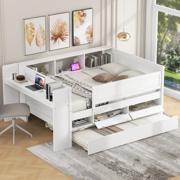 MODERNLUXE Twin Size Daybed with Trundle and Drawers, Multi-Functional Bed with Desk and Shelves, White