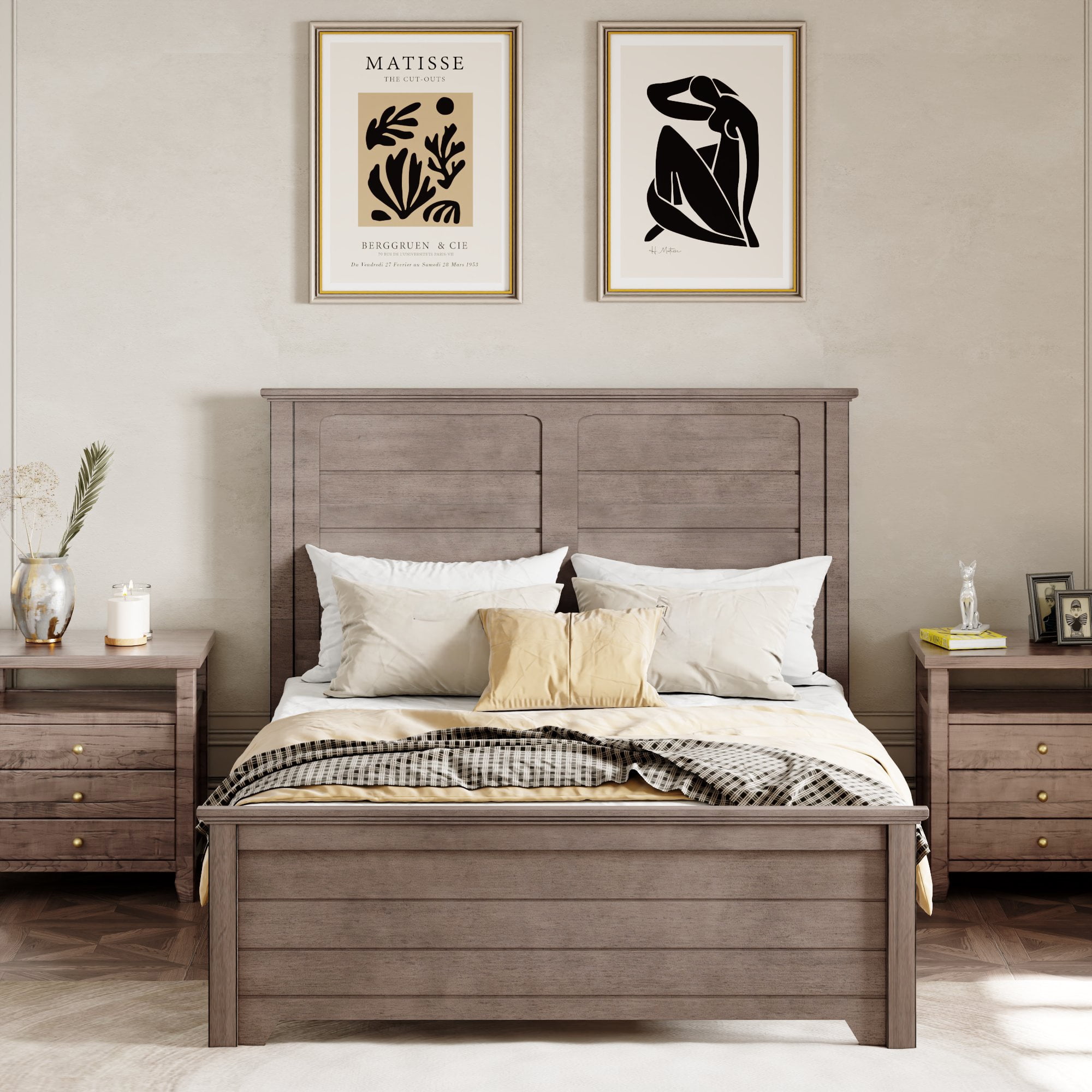 Miniyam Full Size Farmhouse Wooden Platform Bed with High Headboard and Footboard, Ash Brown