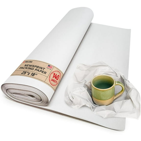 Paclord Newsprint Packing Paper Sheets, 25" x 18", 140 Sheets, Made in USA Newsprint Paper, Unwaxed, Uncoated - Bulk Packing Supplies for Moving, Shipping, and Wrapping Fragile Items