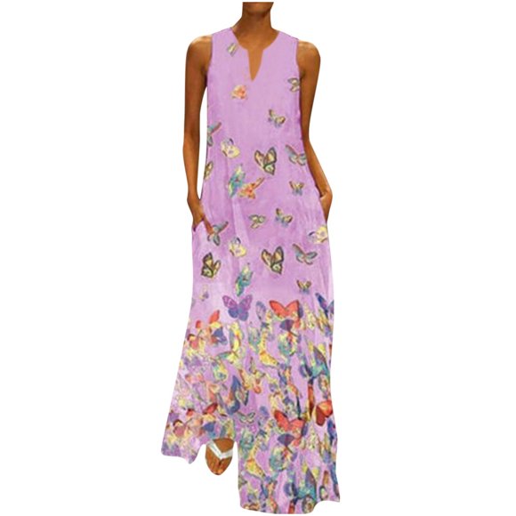 CEHVOM Women Plus Size Print Daily Sleeveless Vintage Boho V Neck Maxi Dress