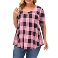 thumbnail image 2 of Camiseta de manga corta con estampado de cuello redondo para mujer, camiseta holgada informal a la moda con dibujo de cuadros para mujer, camiseta con cuello redondo rosa 4XL, 2 of 5