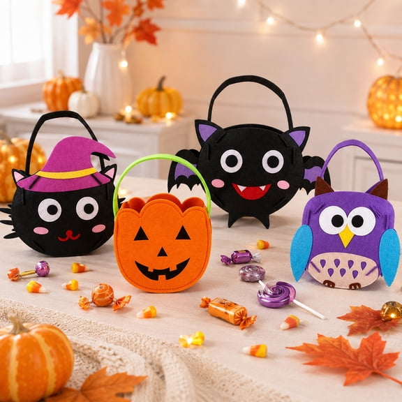 Felt Halloween Candy Bucket, Cartoon Style B, Handheld Goodie Bag and Candy Tote for Party and Outdoor Activities