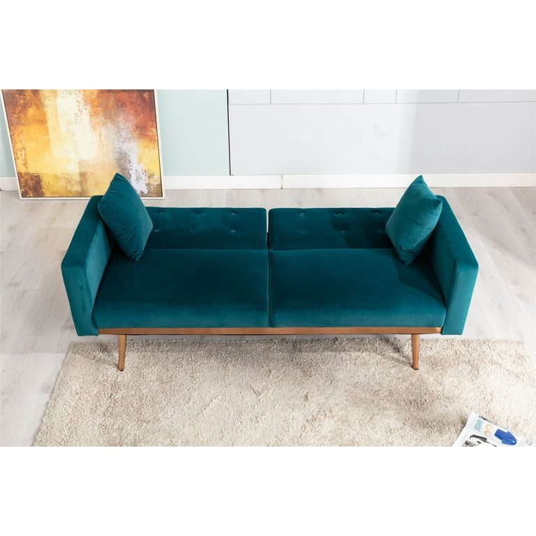 Modern Futon Sofa Bed Velvet Fabric Golden Metal Legs 3 Seats 68