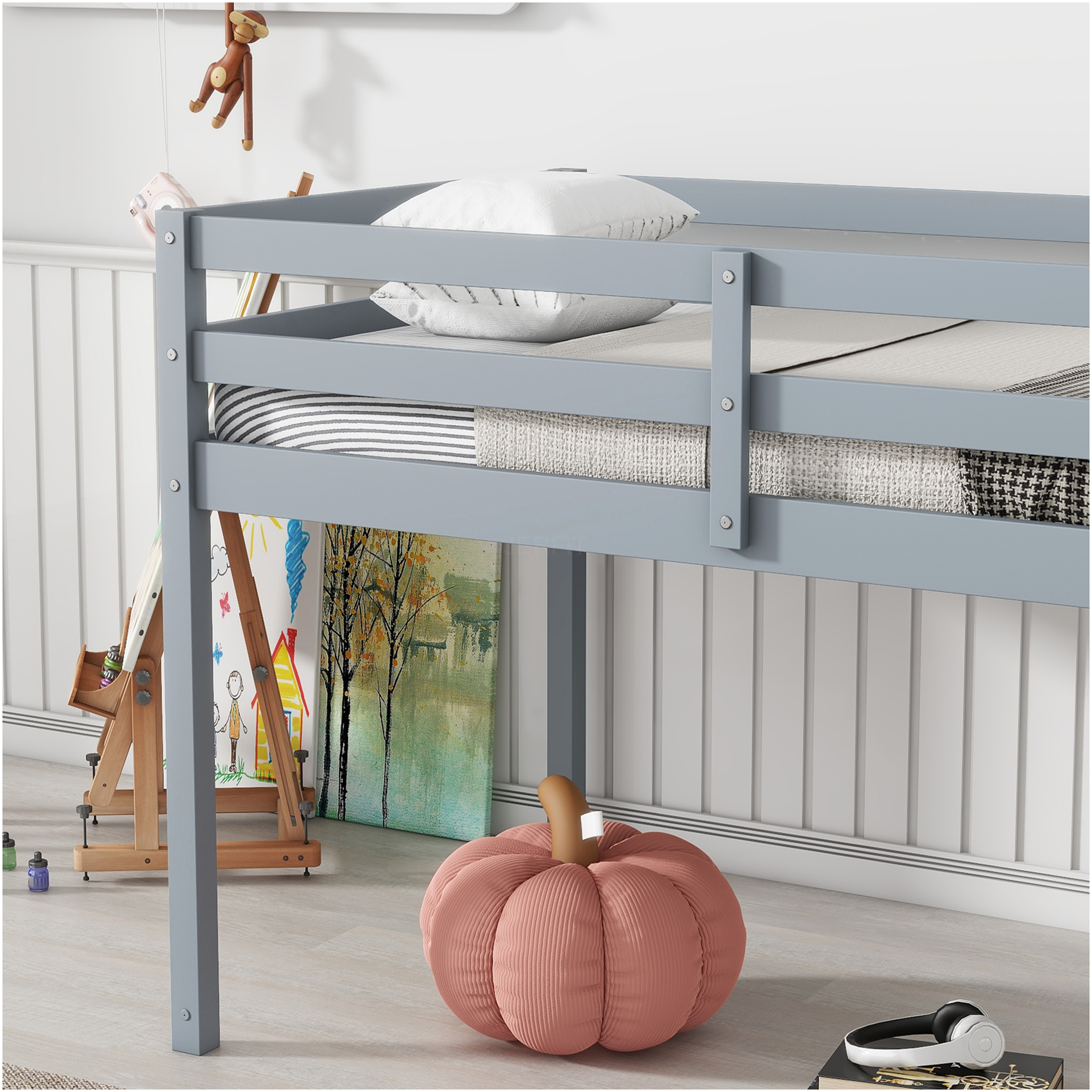 JERFIT Twin Wood Loft Bed with Ladder, Grey