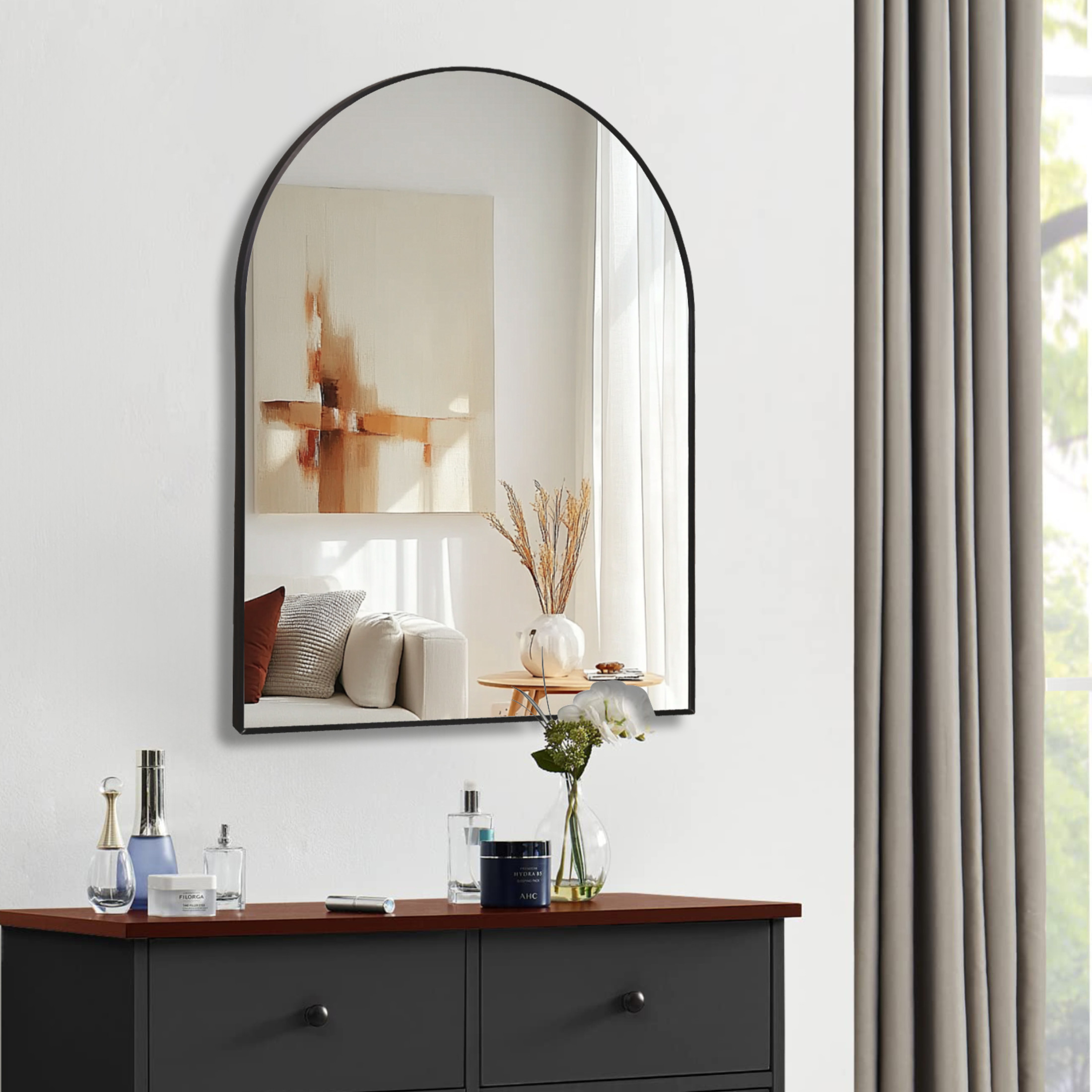 Noble House 30"x40" Arched Metal Wall Mirror, Vanity Mirror for Bathroom, Bedroom & Living Room, Black