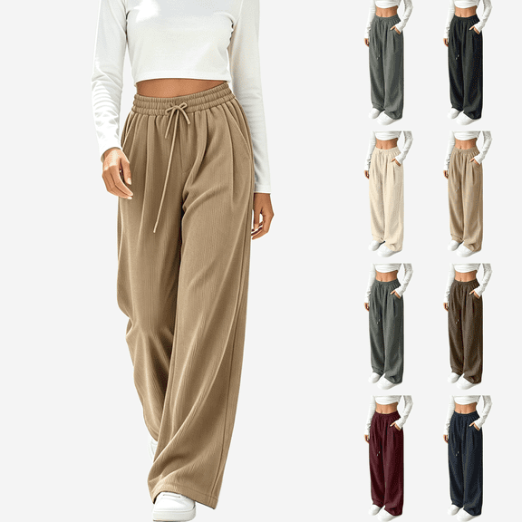 Womens Casual Wide Leg Pants, Elastic Waist Drawstring Solid Color Loose Trousers with Pockets, Lounge Pants for Work Home Daily Travel Wear | VerBelle,Army Green L