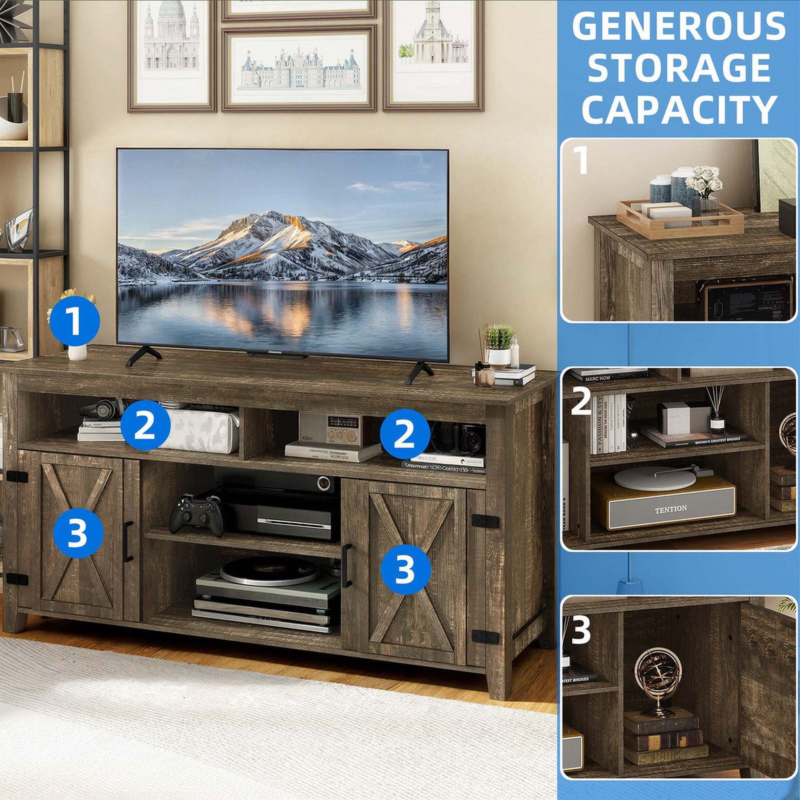 Uforic Farmhouse TV Stand for 65 Inch TV, Barn Door Entertainment Center, Rustic Brown
