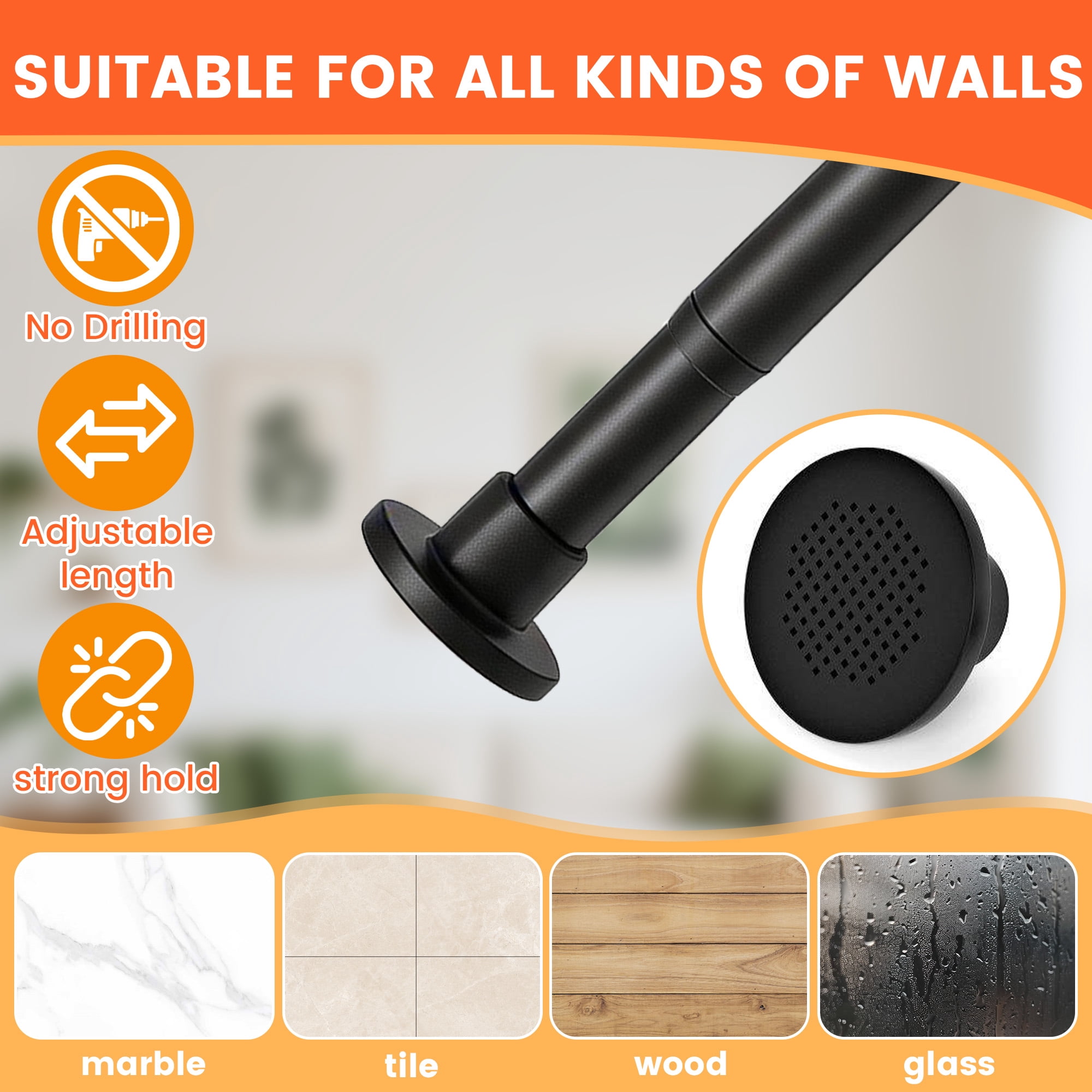GARITIN Adjustable Tension Curtain Rod, 43.3-78.7 Inch No Drill Shower Curtain Rod for Window, Bathroom, Closet, Black Tension Rod