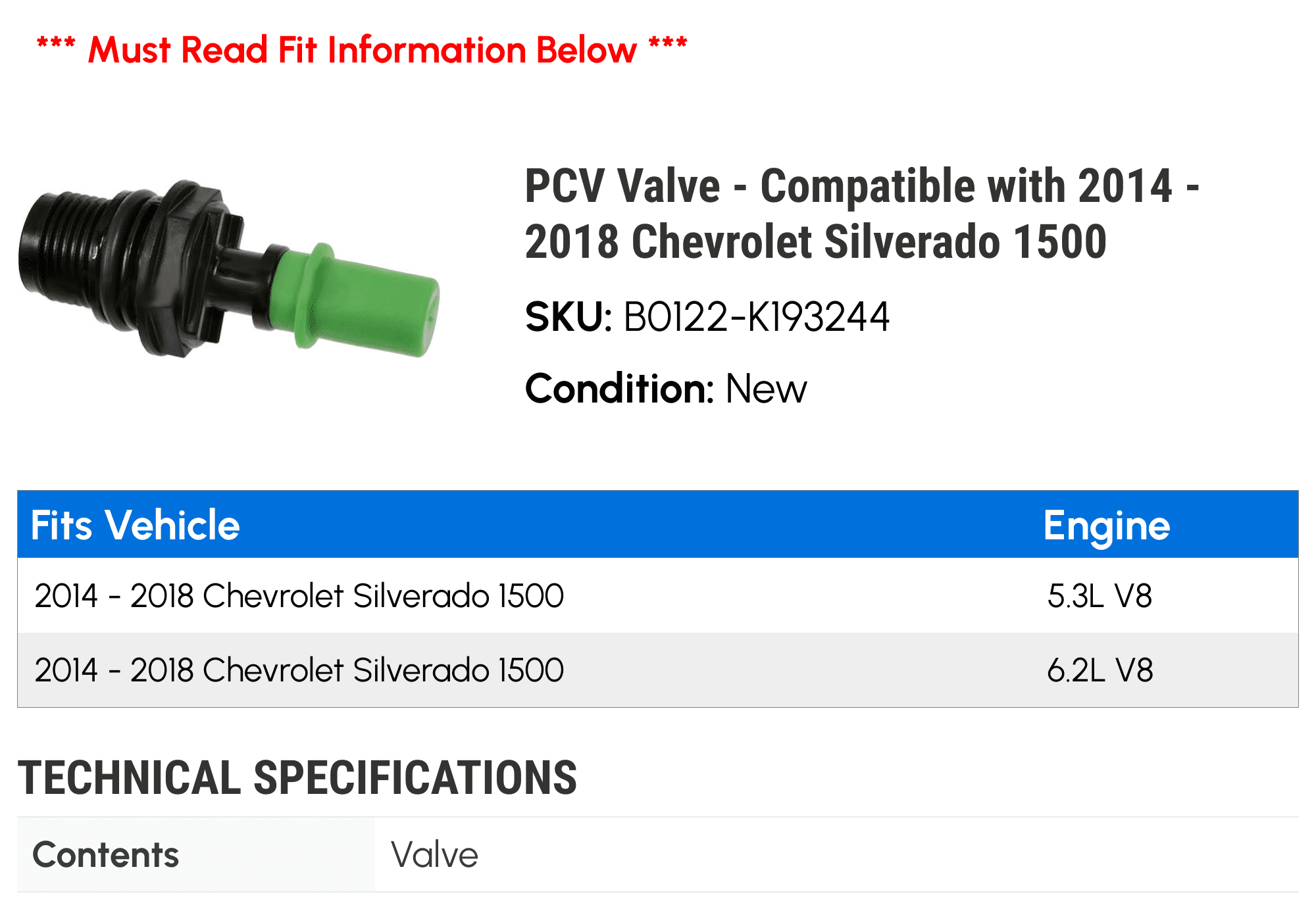 PCV Valve - Compatible with 2014 - 2018 Chevy Silverado 1500 2015 2016 2017