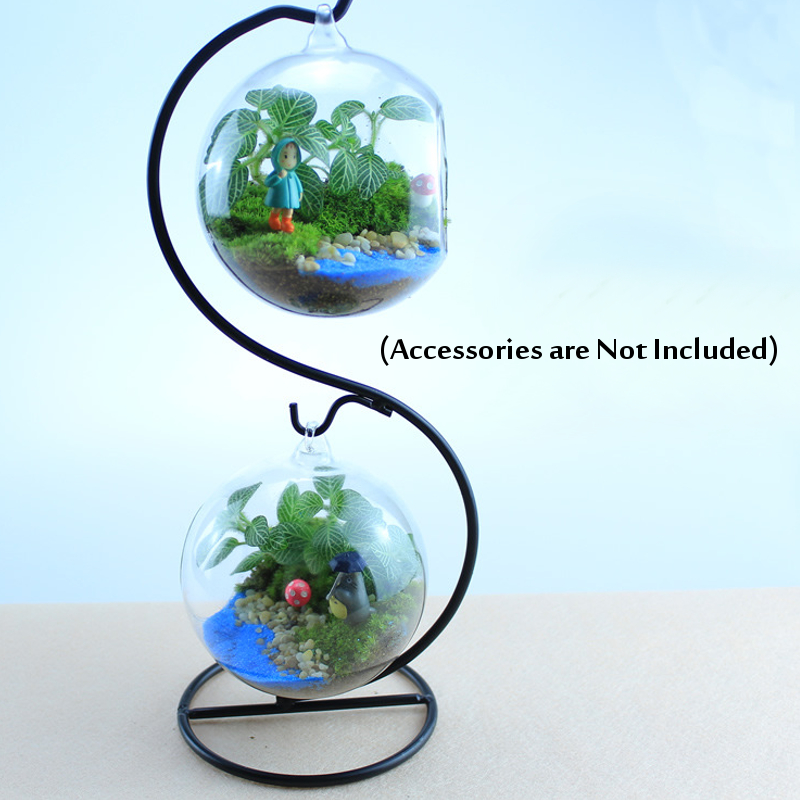Hanging Glass Vase Flower Container Home Terrarium Planter Clear Plant Decor (Black Stand+Glass