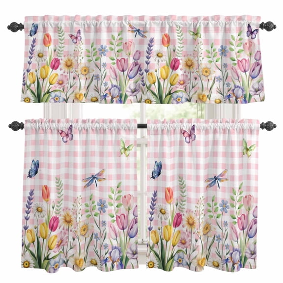 Wildflowers Kitchen Curtains Sets for Windows 36 Inch Length, Spring Watercolor Tulip Floral Leaf Pink Plaid Rod Pocket Window Treatments Tier Curtains and Valances Set for Bedroom/Bathroom