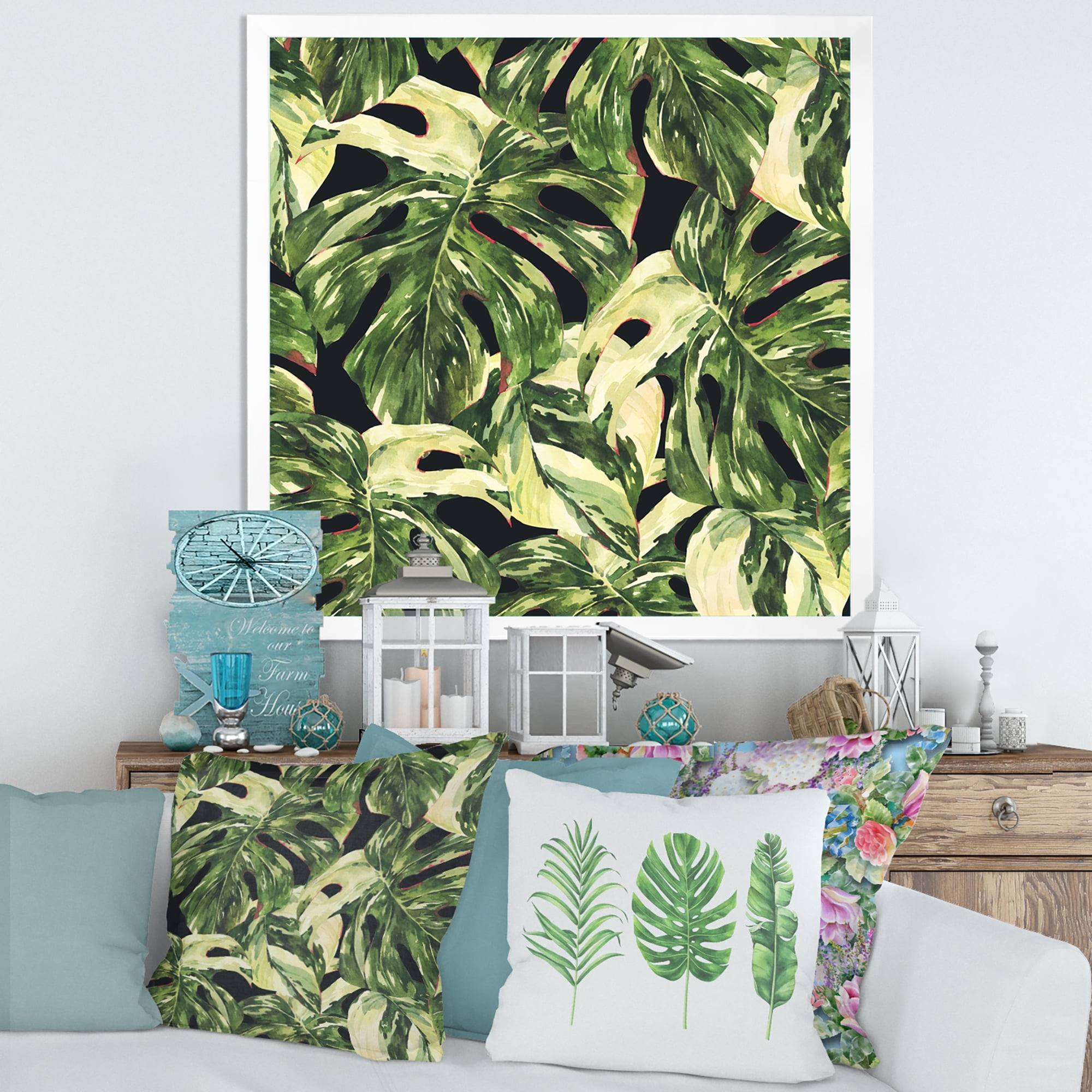 Designart 'Natural Green Leaves Exotic On Dark II' Tropical Framed Art Print